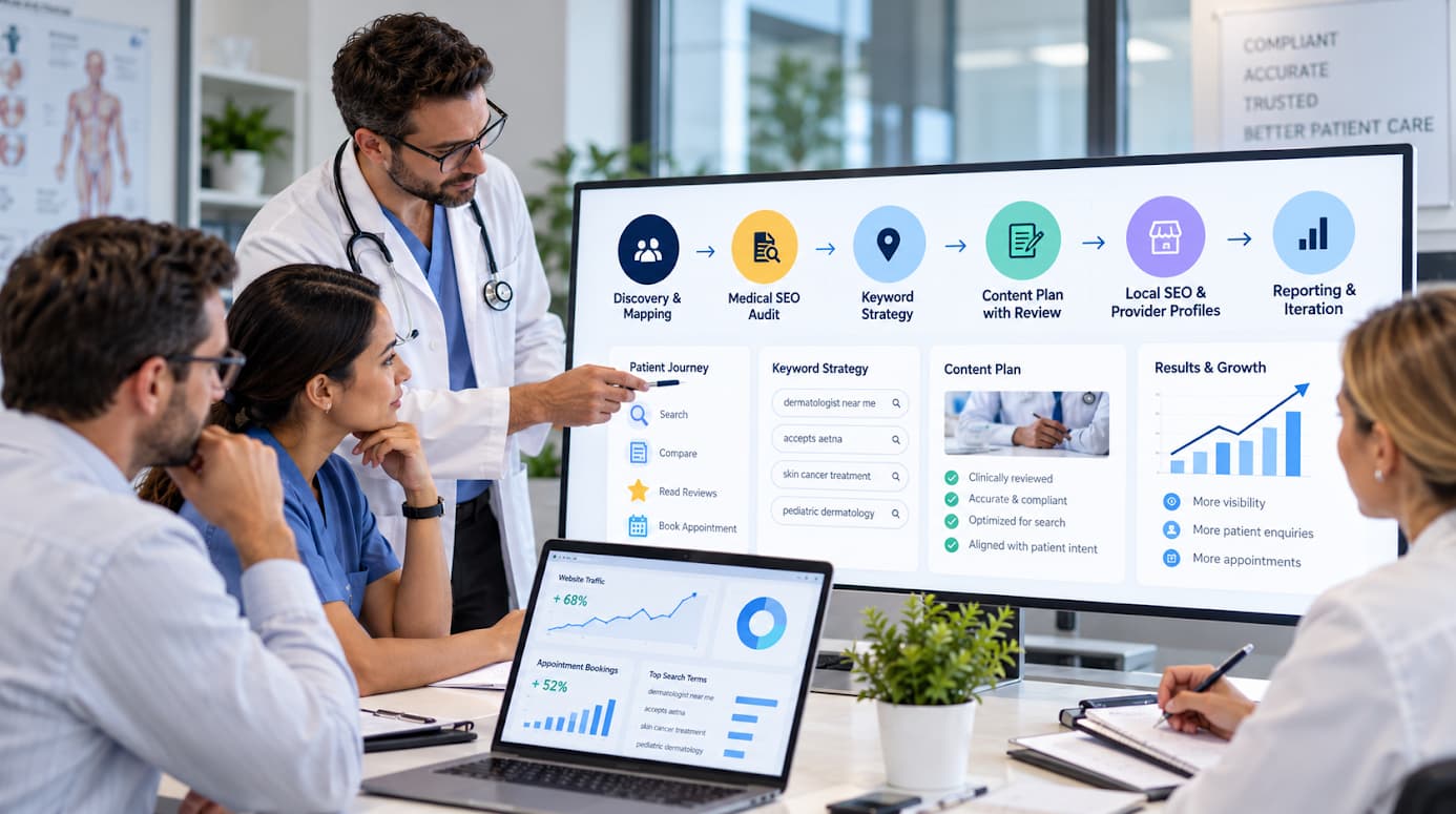 Healthcare team analyzing patient acquisition data