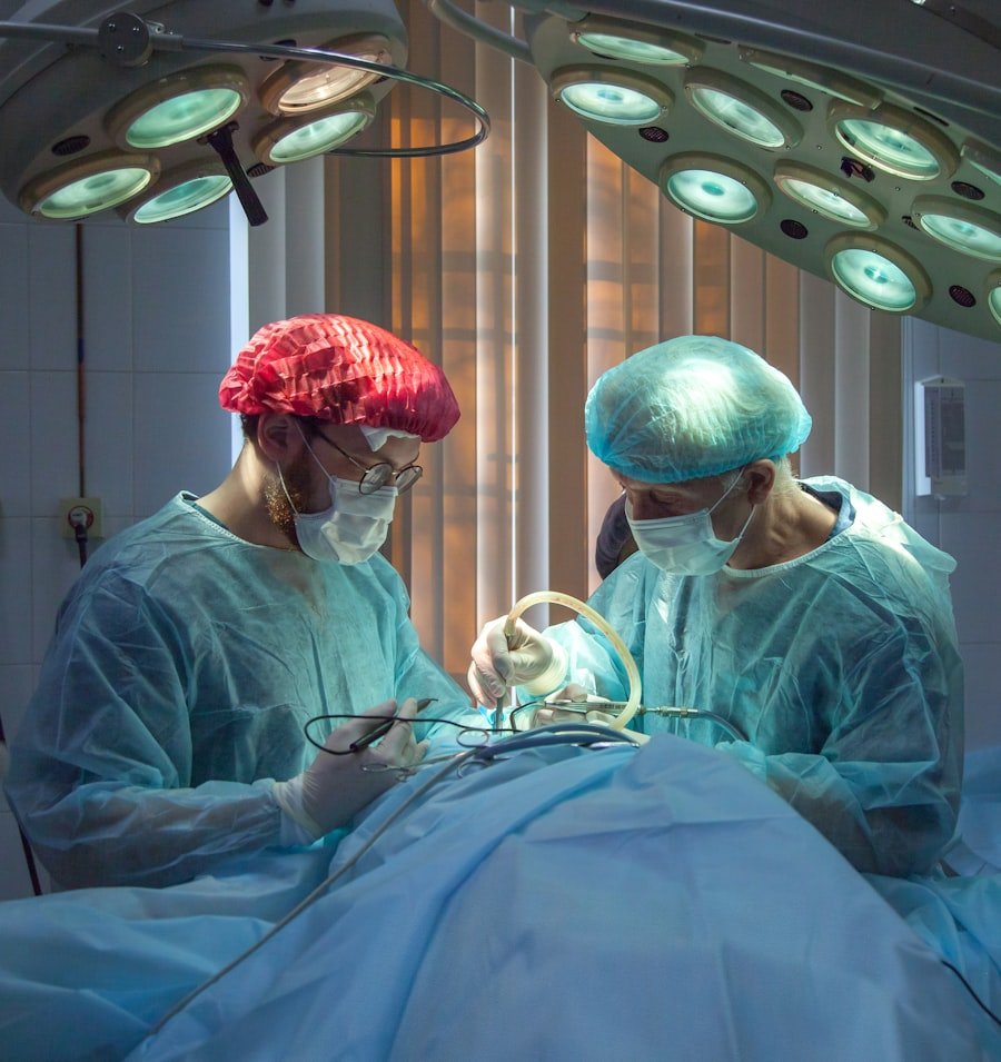Surgeons examining medical device